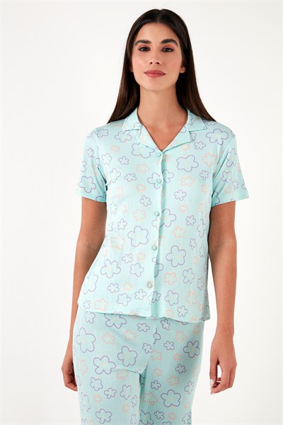Regular Fit Gömlek Yaka Kısa Kollu Kadın Pijama Takımı 65780124 SU YEŞİLİ