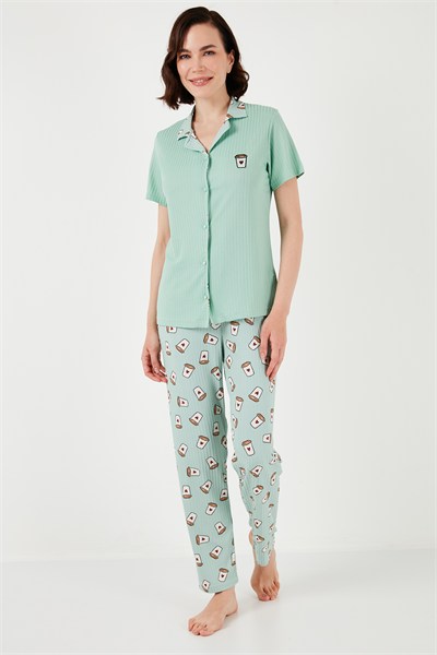 Regular Fit Gömlek Yaka Kısa Kollu Kadın Pijama Takımı 65740102 Mint-Bej