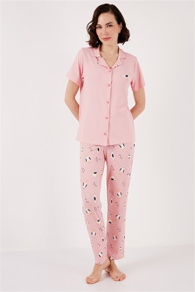 Regular Fit Gömlek Yaka Kısa Kollu Kadın Pijama Takımı 65740102 PEMBE