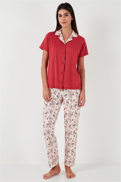 Regular Fit Gömlek Yaka Kısa Kollu Kadın Pijama Takımı 65730101 KIRMIZI