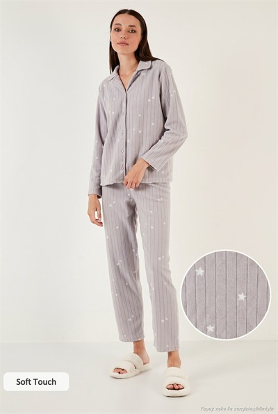 Regular Fit Gömlek Yaka Önden Düğmeli Polar Kadın Pijama Takımı 6571009W4 GRİ