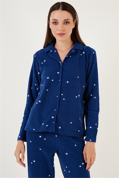 Regular Fit Gömlek Yaka Önden Düğmeli Polar Kadın Pijama Takımı 6571009W4 LACİVERT