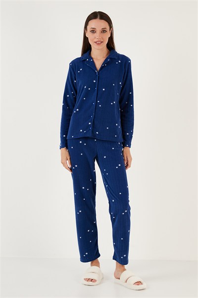 Regular Fit Gömlek Yaka Önden Düğmeli Polar Kadın Pijama Takımı 6571009W4 LACİVERT