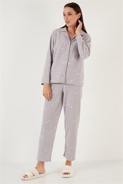 Regular Fit Gömlek Yaka Önden Düğmeli Polar Kadın Pijama Takımı 6571009W4 GRİ