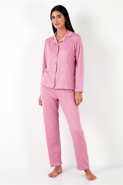 Regular Fit Gömlek Yaka Uzun Kollu Kadın Pijama Takımı 65750701 PUDRA