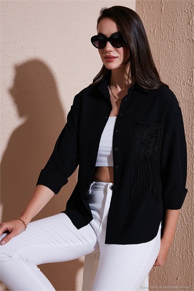 Regular Fit Güpürlü Cep Detaylı Uzun Kollu Kadın Gömlek 6773215 SİYAH