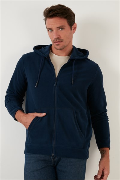 Regular Fit Kapüşonlu Cepli Kışlık Şardonlu Polar Erkek Hırka 5906031 LACİVERT