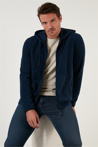 Regular Fit Kapüşonlu Cepli Kışlık Şardonlu Polar Erkek Hırka 5906031 LACİVERT