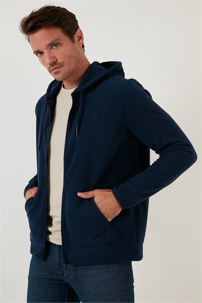 Regular Fit Kapüşonlu Cepli Kışlık Şardonlu Polar Erkek Hırka 5906031 LACİVERT