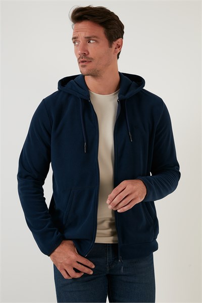 Regular Fit Kapüşonlu Cepli Kışlık Şardonlu Polar Erkek Hırka 5906031 LACİVERT