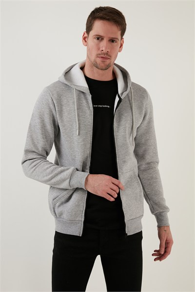 Regular Fit Kapüşonlu Fermuarlı İçi Tüylü Yumuşak Şardonlu Kışlık Erkek Sweat 5905340 GRİ MELANJ
