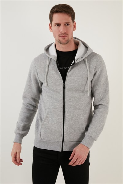 Regular Fit Kapüşonlu Fermuarlı İçi Tüylü Yumuşak Şardonlu Kışlık Erkek Sweat 5905340 GRİ MELANJ