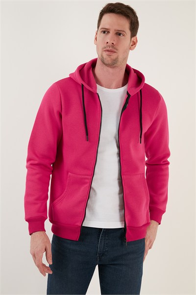 Regular Fit Kapüşonlu Fermuarlı İçi Tüylü Yumuşak Şardonlu Kışlık Erkek Sweat 5905340 FUŞYA