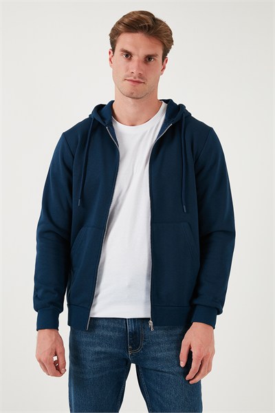 Regular Fit Kapüşonlu Fermuarlı İçi Tüylü Yumuşak Şardonlu Kışlık Erkek Sweat 5905340 İNDİGO