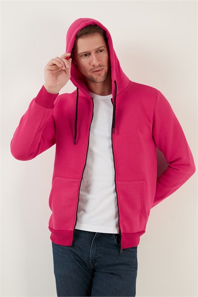 Regular Fit Kapüşonlu Fermuarlı İçi Tüylü Yumuşak Şardonlu Kışlık Erkek Sweat 5905340 FUŞYA