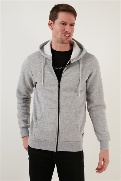 Regular Fit Kapüşonlu Fermuarlı İçi Tüylü Yumuşak Şardonlu Kışlık Erkek Sweat 5905340 GRİ MELANJ