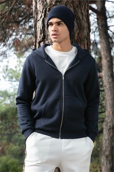 Regular Fit Kapüşonlu Fermuarlı İçi Tüylü Yumuşak Şardonlu Kışlık Erkek Sweat 5905340 KOYU LACİVERT