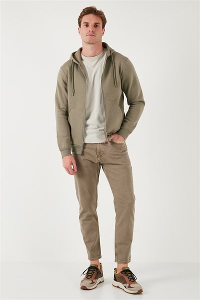 Regular Fit Kapüşonlu Fermuarlı İçi Tüylü Yumuşak Şardonlu Kışlık Erkek Sweat 5905340 Vizon Yeşili