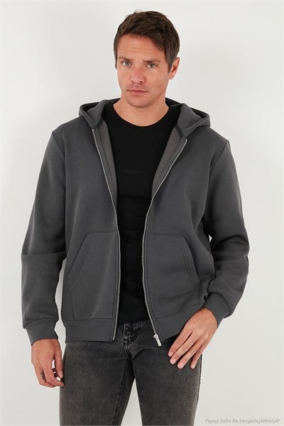 Regular Fit Kapüşonlu Fermuarlı İçi Tüylü Yumuşak Şardonlu Kışlık Erkek Sweat 5905340 ANTRASİT