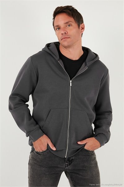 Regular Fit Kapüşonlu Fermuarlı İçi Tüylü Yumuşak Şardonlu Kışlık Erkek Sweat 5905340 ANTRASİT