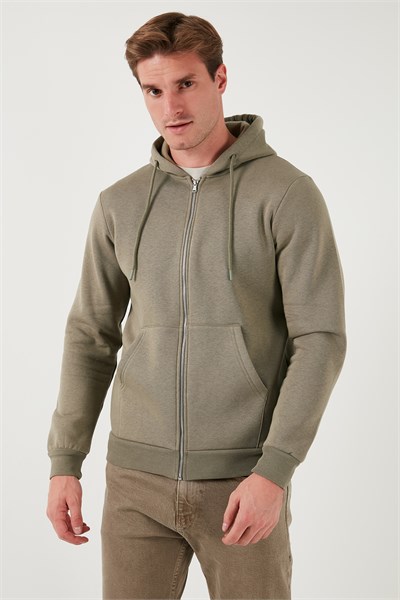 Regular Fit Kapüşonlu Fermuarlı İçi Tüylü Yumuşak Şardonlu Kışlık Erkek Sweat 5905340 Vizon Yeşili
