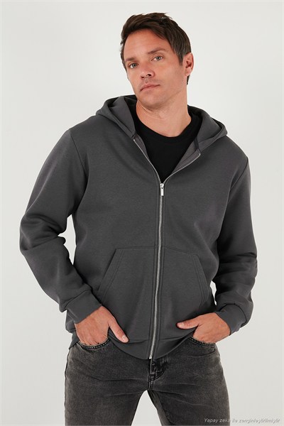Regular Fit Kapüşonlu Fermuarlı İçi Tüylü Yumuşak Şardonlu Kışlık Erkek Sweat 5905340 ANTRASİT