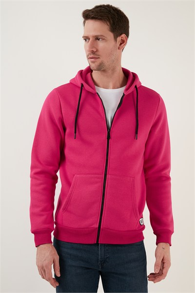 Regular Fit Kapüşonlu Fermuarlı İçi Tüylü Yumuşak Şardonlu Kışlık Erkek Sweat 5905340 FUŞYA