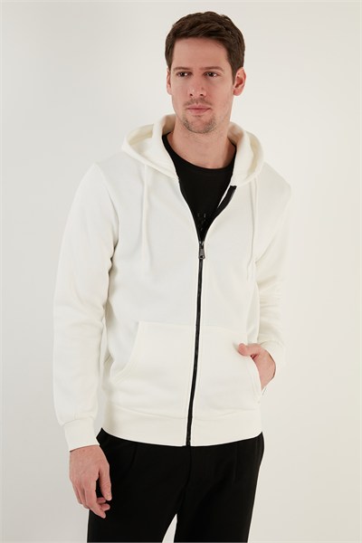 Regular Fit Kapüşonlu Fermuarlı İçi Tüylü Yumuşak Şardonlu Kışlık Erkek Sweat 5905340 EKRU