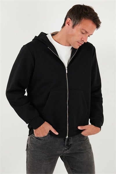 Regular Fit Kapüşonlu Fermuarlı İçi Tüylü Yumuşak Şardonlu Kışlık Erkek Sweat 5905340 SİYAH
