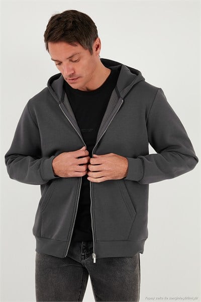 Regular Fit Kapüşonlu Fermuarlı İçi Tüylü Yumuşak Şardonlu Kışlık Erkek Sweat 5905340 ANTRASİT