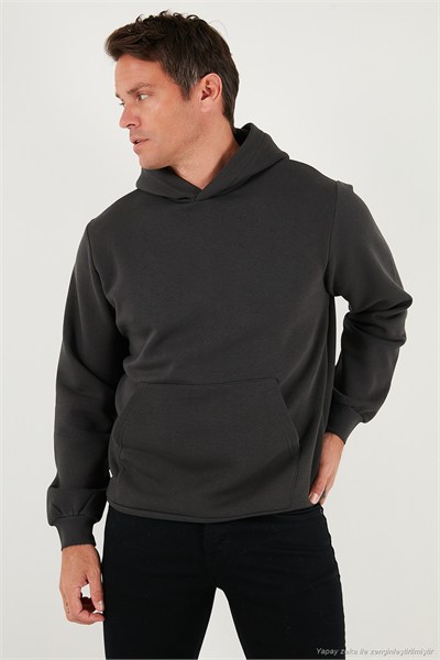 Regular Fit Kapüşonlu Kanguru Cepli İçi Tüylü Yumuşak Şardonlu Erkek Sweat 5905281 FÜME