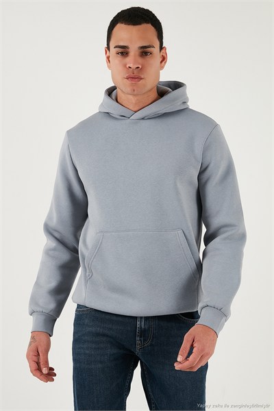 Regular Fit Kapüşonlu Kanguru Cepli İçi Tüylü Yumuşak Şardonlu Erkek Sweat 5905281 AÇIK GRİ
