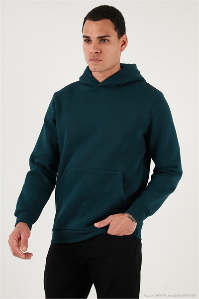 Regular Fit Kapüşonlu Kanguru Cepli İçi Tüylü Yumuşak Şardonlu Erkek Sweat 5905281 PETROL