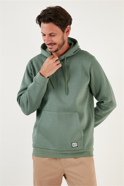 Regular Fit Kapüşonlu Kanguru Cepli İçi Tüylü Yumuşak Şardonlu Erkek Sweat 5905281 AÇIK YEŞİL