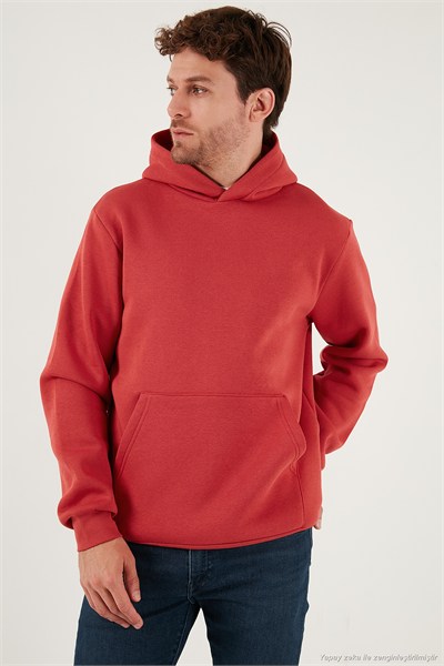 Regular Fit Kapüşonlu Kanguru Cepli İçi Tüylü Yumuşak Şardonlu Erkek Sweat 5905281 BAYRAK KIRMIZI