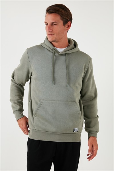 Regular Fit Kapüşonlu Kanguru Cepli İçi Tüylü Yumuşak Şardonlu Erkek Sweat 5905281 AÇIK HAKİ