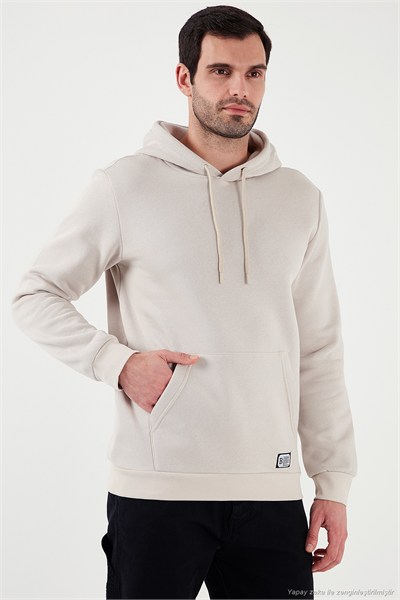 Regular Fit Kapüşonlu Kanguru Cepli İçi Tüylü Yumuşak Şardonlu Erkek Sweat 5905281 KREM