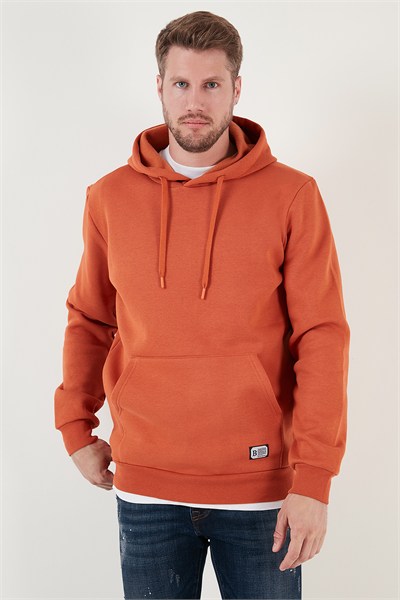 Regular Fit Kapüşonlu Kanguru Cepli İçi Tüylü Yumuşak Şardonlu Erkek Sweat 5905281 Tarçın