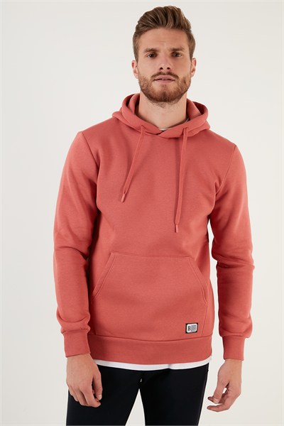 Regular Fit Kapüşonlu Kanguru Cepli İçi Tüylü Yumuşak Şardonlu Erkek Sweat 5905281 KİREMİT