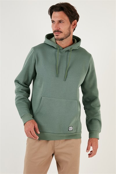 Regular Fit Kapüşonlu Kanguru Cepli İçi Tüylü Yumuşak Şardonlu Erkek Sweat 5905281 AÇIK YEŞİL