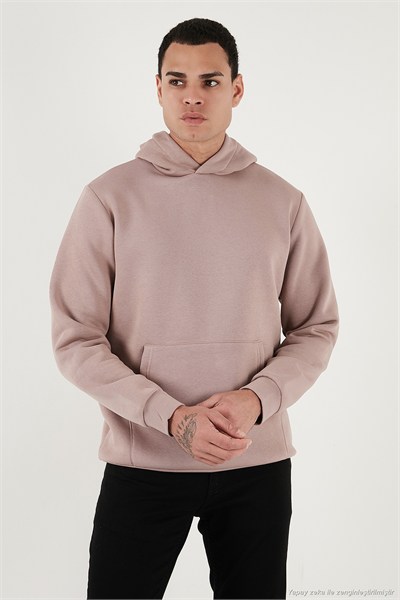 Regular Fit Kapüşonlu Kanguru Cepli İçi Tüylü Yumuşak Şardonlu Erkek Sweat 5905281 GÜL