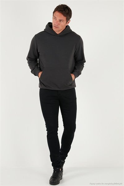 Regular Fit Kapüşonlu Kanguru Cepli İçi Tüylü Yumuşak Şardonlu Erkek Sweat 5905281 FÜME