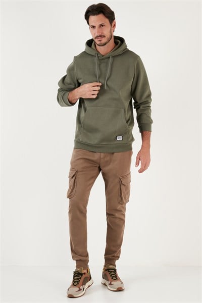 Regular Fit Kapüşonlu Kanguru Cepli İçi Tüylü Yumuşak Şardonlu Erkek Sweat 5905281 HAKİ