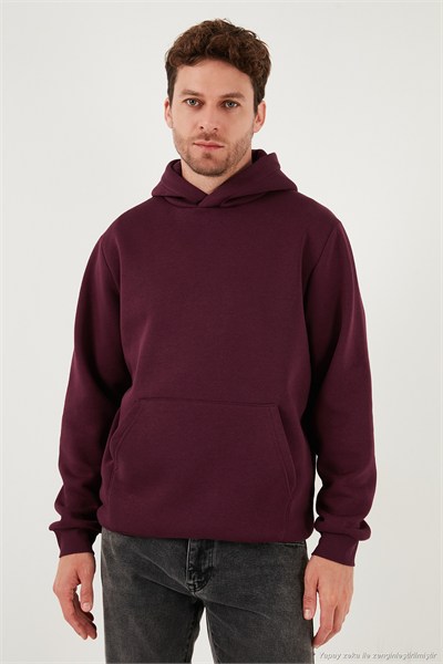 Regular Fit Kapüşonlu Kanguru Cepli İçi Tüylü Yumuşak Şardonlu Erkek Sweat 5905281 VİŞNE