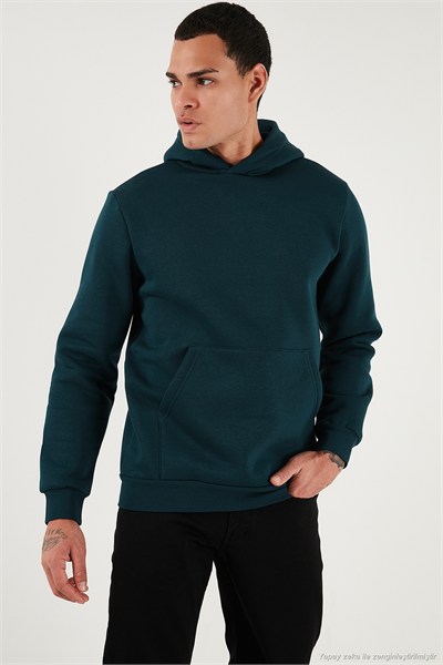 Regular Fit Kapüşonlu Kanguru Cepli İçi Tüylü Yumuşak Şardonlu Erkek Sweat 5905281 PETROL
