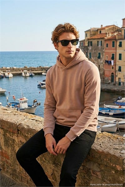 Regular Fit Kapüşonlu Kanguru Cepli İçi Tüylü Yumuşak Şardonlu Erkek Sweat 5905281 GÜL