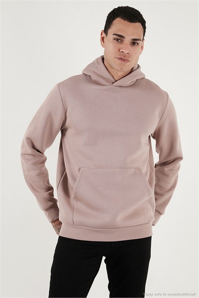 Regular Fit Kapüşonlu Kanguru Cepli İçi Tüylü Yumuşak Şardonlu Erkek Sweat 5905281 GÜL