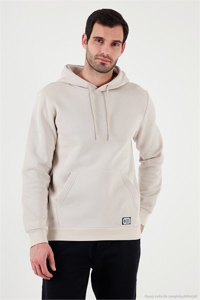 Regular Fit Kapüşonlu Kanguru Cepli İçi Tüylü Yumuşak Şardonlu Erkek Sweat 5905281 KREM