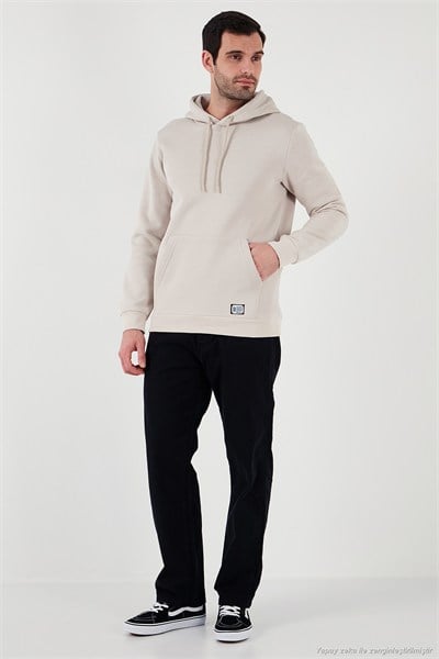 Regular Fit Kapüşonlu Kanguru Cepli İçi Tüylü Yumuşak Şardonlu Erkek Sweat 5905281 KREM