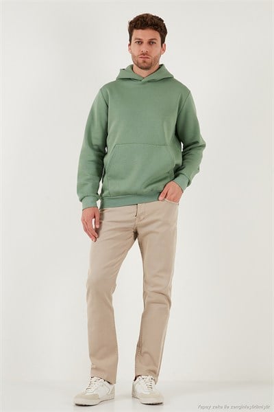Regular Fit Kapüşonlu Kanguru Cepli İçi Tüylü Yumuşak Şardonlu Erkek Sweat 5905281 ELMA YEŞİLİ